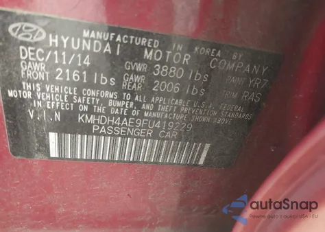 2015 Hyundai Elantra Se (Ulsan Plant) z USA, uszkodzony, nr VIN KMHDH4AE9FU419229